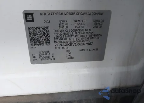 2019 Chevrolet Equinox Lt z USA, uszkodzony, nr VIN 2GNAXKEV1K6267987